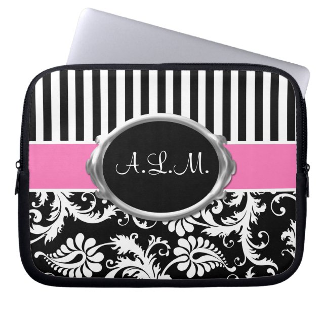 Rosa, schwarzer, weißer Damast Stripes Laptopschutzhülle (Vorderseite)