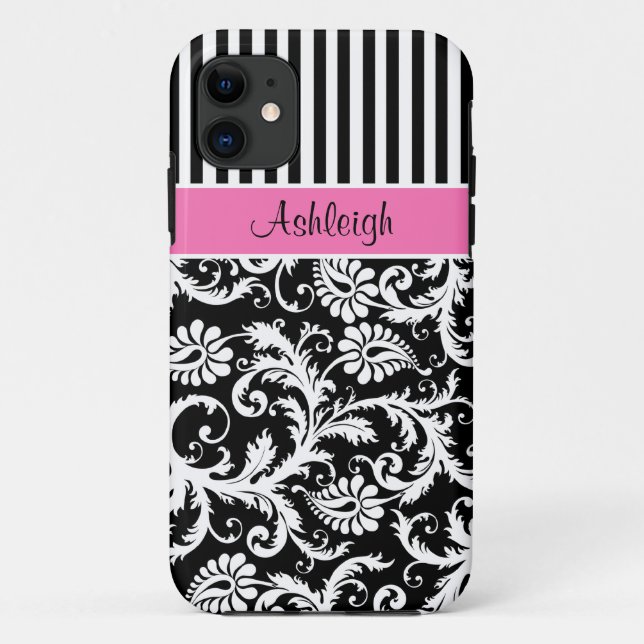 Rosa, schwarzer, weißer gestreifter Damast iPhone Case-Mate iPhone Hülle (Rückseite)