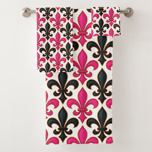 Rosa schwarzes Barock-Fleur-de-lis-Musterdesign  Badhandtuch Set