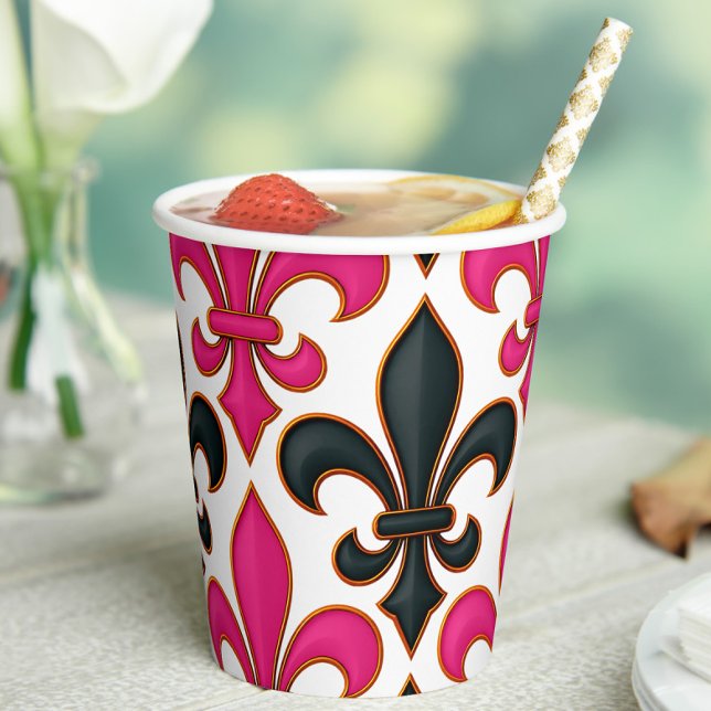 Rosa schwarzes Barock-Fleur-de-lis-Musterdesign  Pappbecher (Von Creator hochgeladen)
