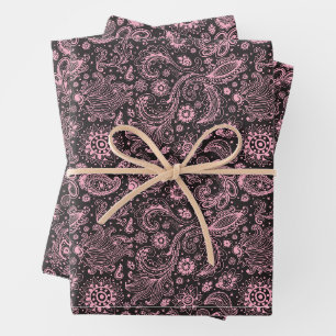 Rosa schwarzes Batik-Boho-Stil floral Paisley-Must Geschenkpapier Set