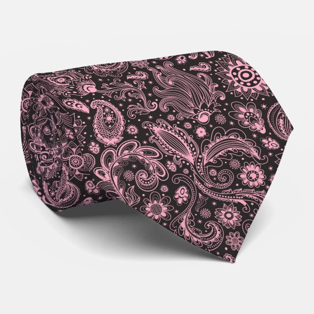 Rosa schwarzes Batik-Boho-Stil floral Paisley-Must Krawatte (Gerollt)