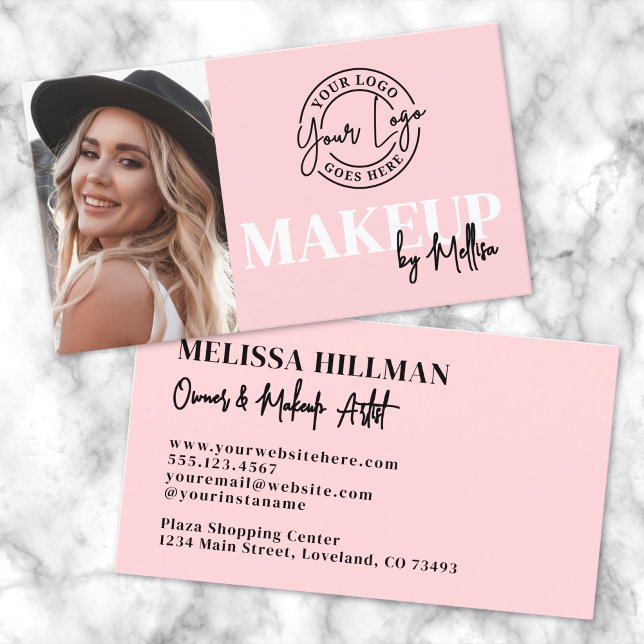 Rosa Schwarzes Foto Logo Make-up Visitenkarte (Pink Black Script Photo Logo Makeup Business Card )