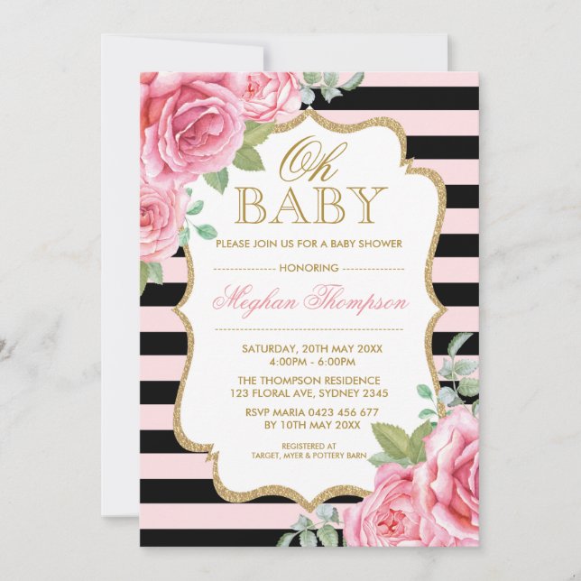 Rosa schwarzes GoldblumenRosen-Mädchen-Baby-Dusche Einladung (Vorderseite)