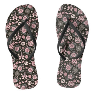 Rosa-schwarzes Halloween-Kürbis-und-Spinnweben-Mus Flip Flops