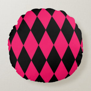 Rosa schwarzes Harlekin-Diamantenkaro-Design Rundes Kissen