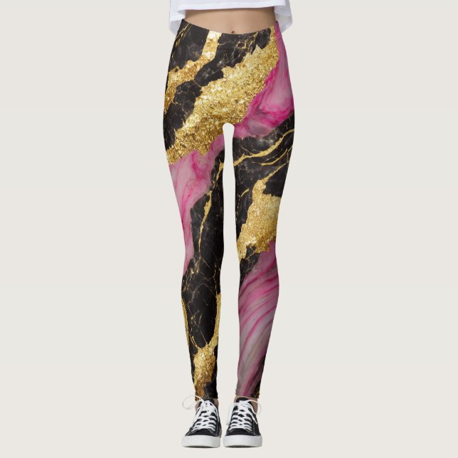 Rosa schwarzes Marmormuster mit Gold Leggings (Vorderseite)