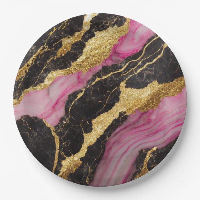Rosa schwarzes Marmormuster mit Gold Pappteller (Vorderseite)
