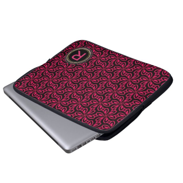 Rosa Schwarzes Muster Monogram Notebook Laptopschutzhülle (Vorne Knopf)