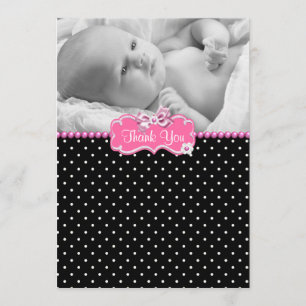 Rosa schwarzes Polka-Punkt-Foto-Baby danken Ihnen Dankeskarte