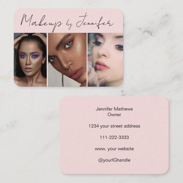 Rosa Schwarzes Script 3 Foto Makeup Visitenkarte (Vorne/Hinten)