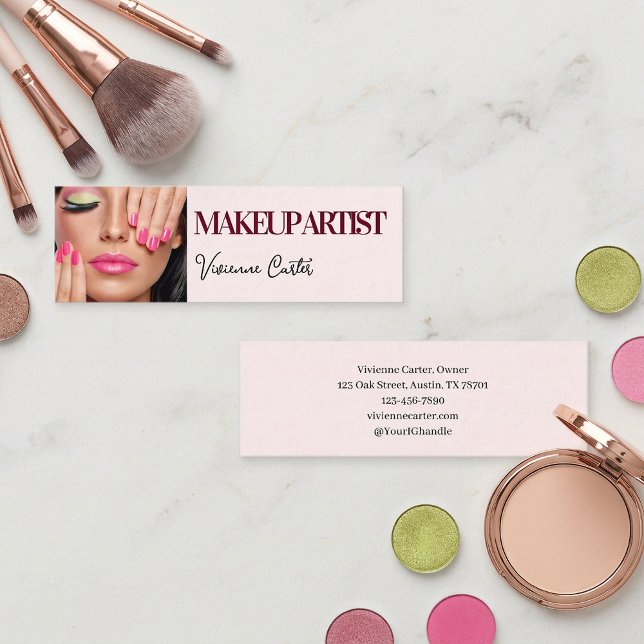 Rosa-schwarzes Script Foto-Make-up-Mini Mini Visitenkarte (Makeup Artist Blush Pink Business Card with Photo)