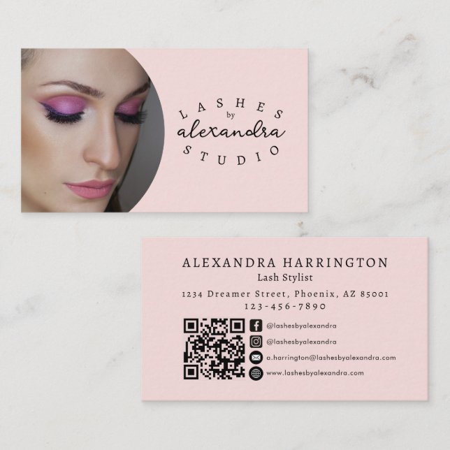 Rosa-Schwarzes-Script-Foto-QR-Code-Sozialsymbol Visitenkarte (Vorne/Hinten)