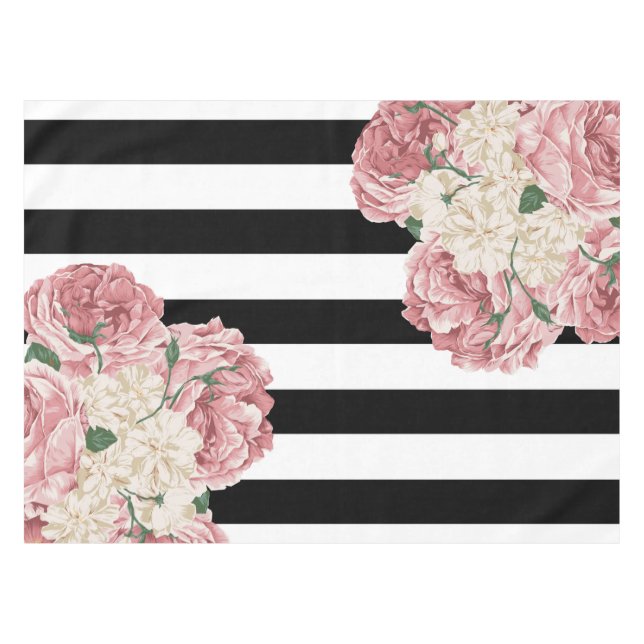 Rosa, schwarzes, weißes Blumen Tischdecke (Vorderseite (Horizontal))