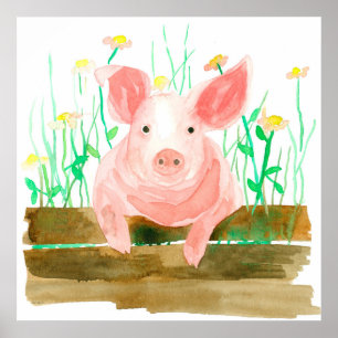 Rosa Schwein auf einem Zaun, Farmtier Poster