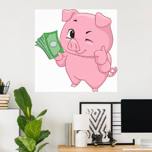 Rosa Schwein hält Bargeld und gibt Daumen hoch Poster