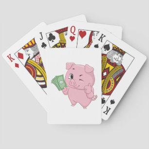 Rosa Schwein hält Bargeld und gibt Daumen hoch Spielkarten