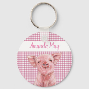 Rosa Schwein-Wasserfarbe Gingham Karo-Monogramm   Schlüsselanhänger