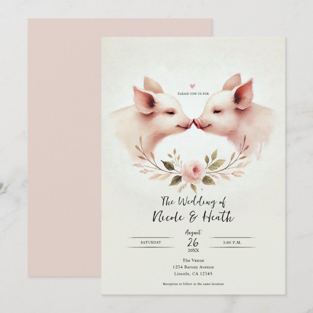 Rosa Schweine Snout bis Snout Rustikale Hochzeit Einladung (Vorne/Hinten)