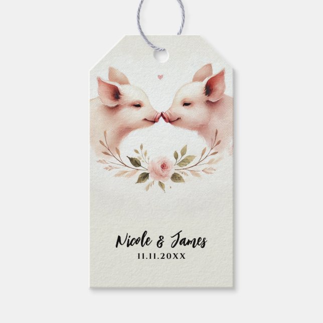 Rosa Schweine Snout bis Snout Rustikale Hochzeit Geschenkanhänger (Vorderseite)