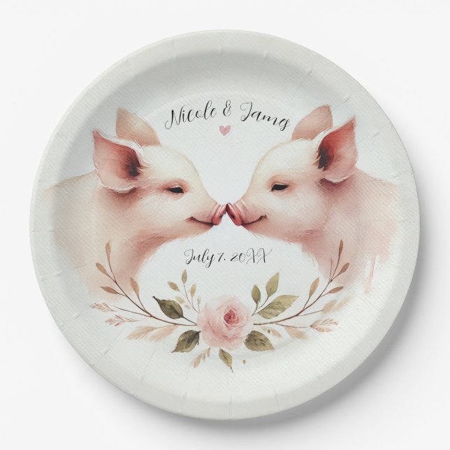Rosa Schweine Snout bis Snout Rustikale Hochzeit Pappteller (Vorderseite)