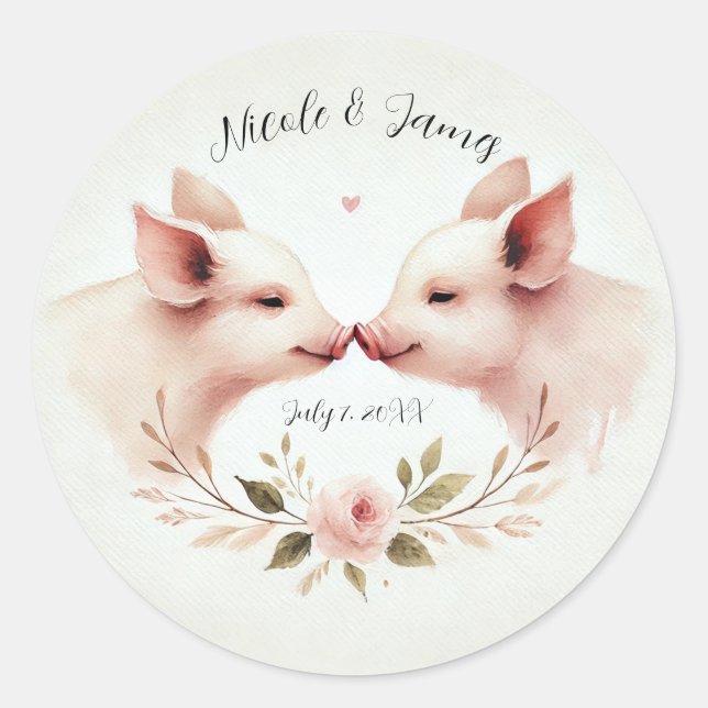 Rosa Schweine Snout bis Snout Rustikale Hochzeit Runder Aufkleber (Vorderseite)