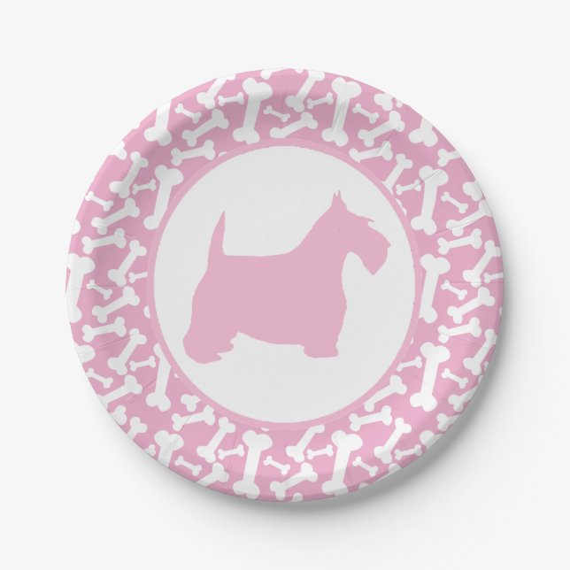Rosa Scottie und Buncha Knochen Pappteller (Vorderseite)