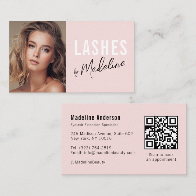 Rosa Script Social Icon QR Code Foto Wimpern Visitenkarte (Vorne/Hinten)