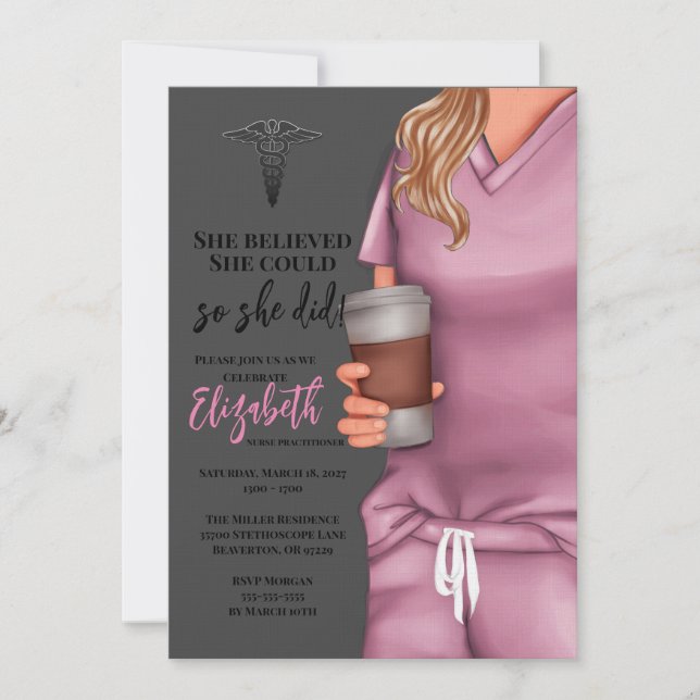 Rosa Scrubs Nursing School Abschluss Einladung (Vorderseite)