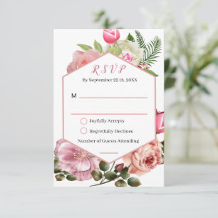 Rosa sechseckige Aquarell-Blumenhochzeit RSVP Karte