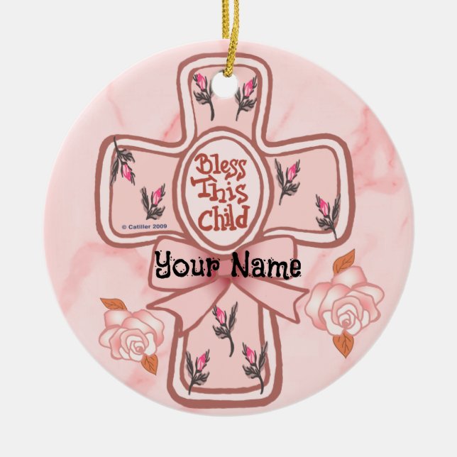 Rosa Segen Dieses Kind Christliche Kreuzverzierung Keramik Ornament (Vorne)