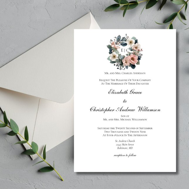 Rosa Seite Grüne Blütenmonogramm Elegante Hochzeit Einladung (Watercolor Pink Sage Green Florals Monogram Wreath Crest Wedding Invitation. Elegant Traditional )