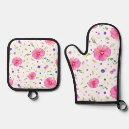 Rosa Set aus geblümten Ofen Mitt und Töpfchen