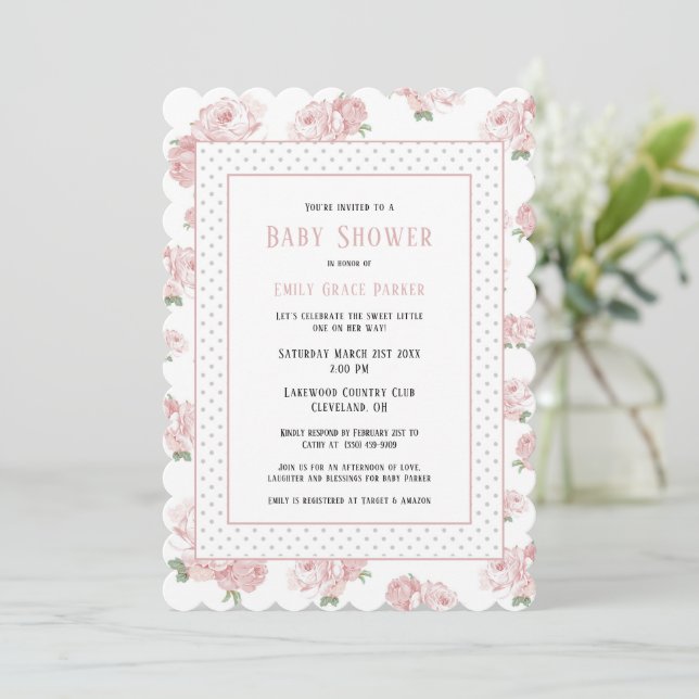 Rosa Shabby Chic Vintag Baby Girl Dusche Einladung (Stehend Vorderseite)