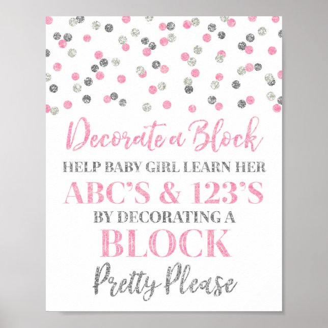 Rosa Silber Confetti Dekorieren ein Blockspiel-Zei Poster (Vorne)