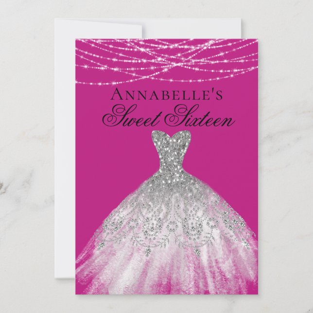 Rosa & Silber Diamant Sparkle Dress Sweet 16 Einladung (Vorderseite)