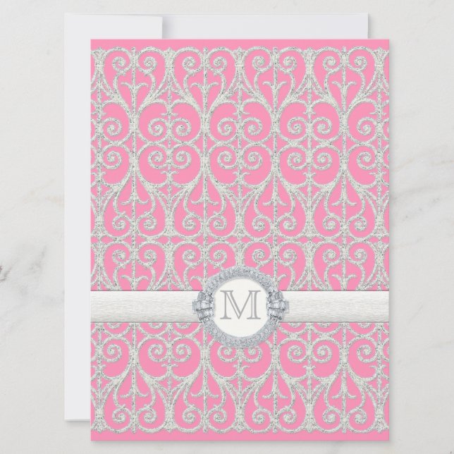 Rosa Silber, Diamanten & Spitzen, Mit Monogramm Ho Einladung (Vorderseite)