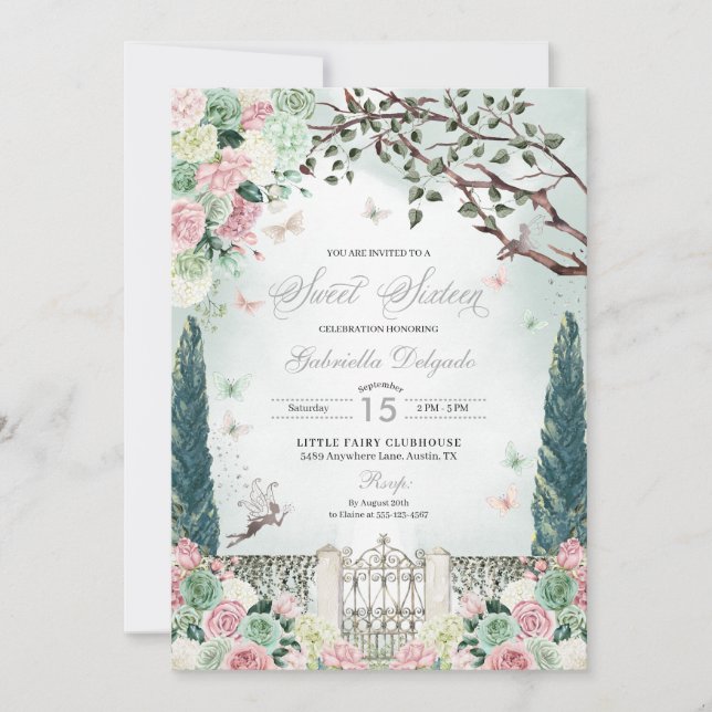 Rosa Silber Fairy Enchanted Garden Sweet 16 Einladung (Vorderseite)