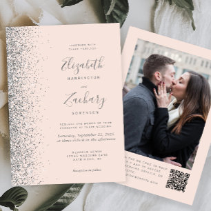 Rosa Silber Glitter Foto QR Code Hochzeit Einladung