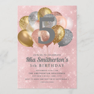 Rosa Silber Gold Luftballons Mädchen 5. Geburtstag Einladung