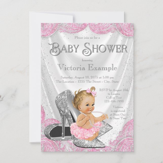 Rosa Silber High Heel Shoe Baby Shower Einladungen (Vorderseite)
