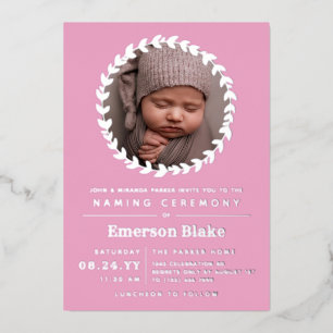 Rosa & Silber Kranz Baby Foto Taufzeremonie Folieneinladung