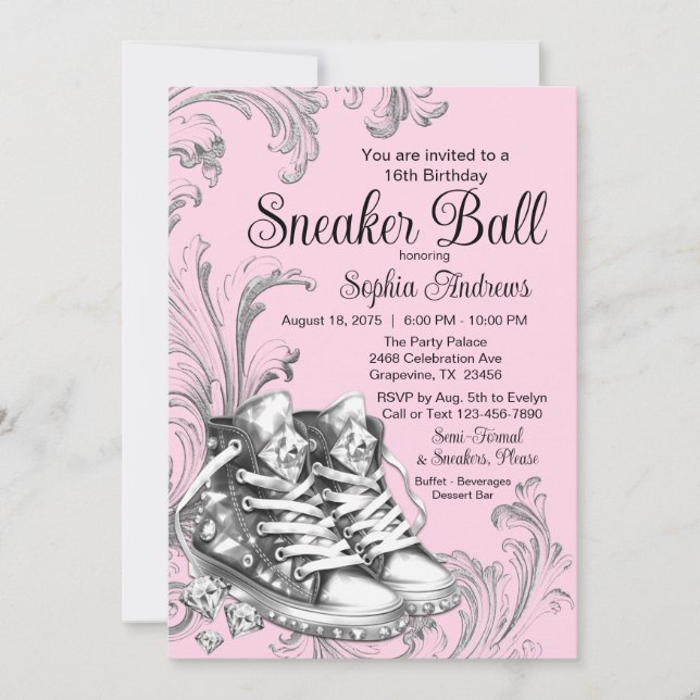 Rosa Silber Sneaker Ball Einladung (Vorderseite)