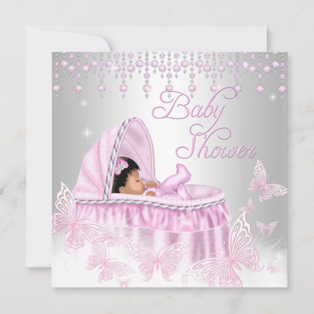Rosa Silber Sparkle Butterfly Babydusche Ethnisch Einladung (Vorderseite)