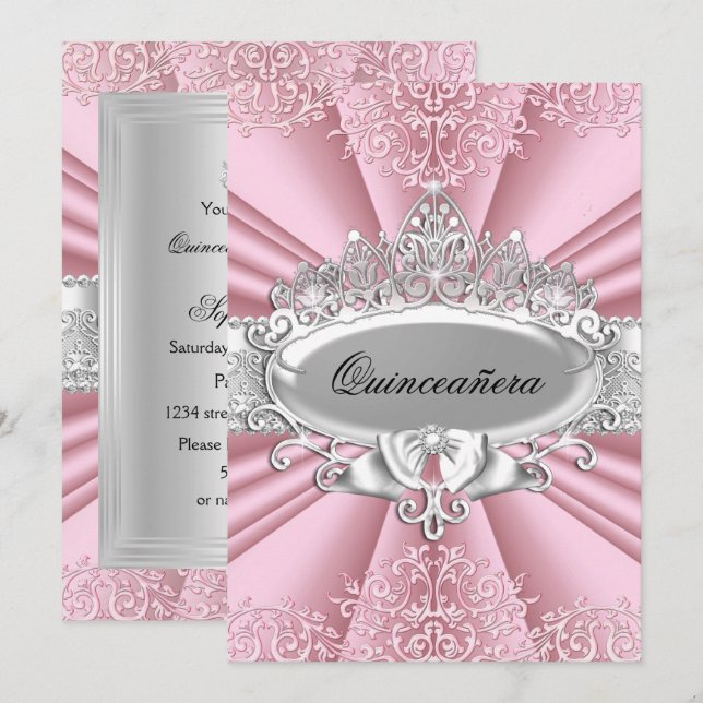 Rosa/Silber Tiara & Damask Quinceanera 15. Party Einladung (Vorne/Hinten)