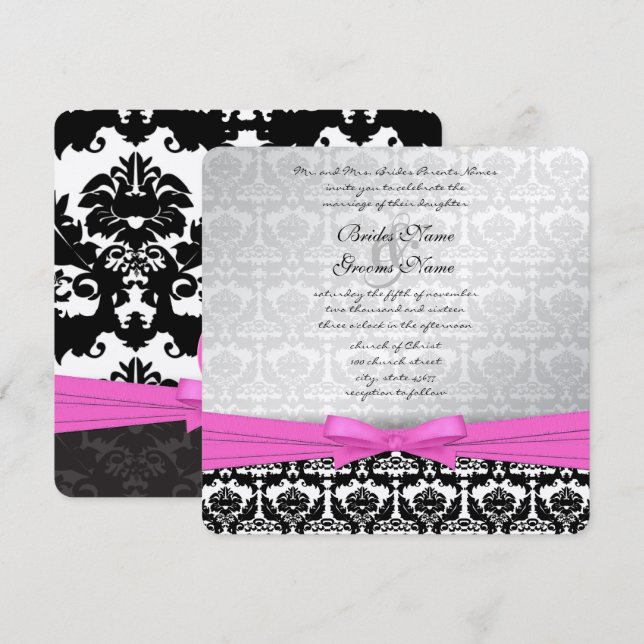 Rosa Silber und schwarze Damast Wirbel Hochzeitsem Einladung (Vorne/Hinten)