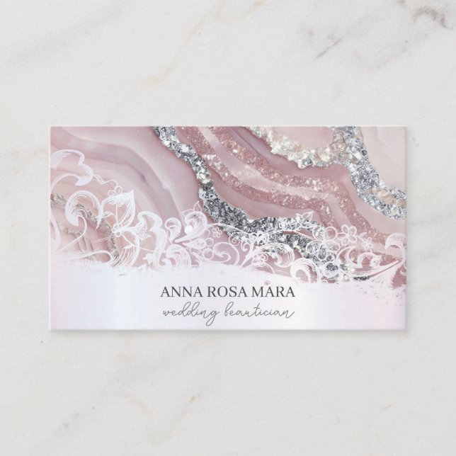 *~* Rosa Silber Weiß Verziert QR Agate AP66 Luxe Visitenkarte (Vorderseite)