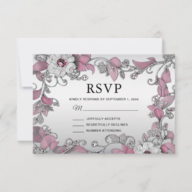 Rosa Silber Weiße Blütenblume RSVP Karte (Vorderseite)