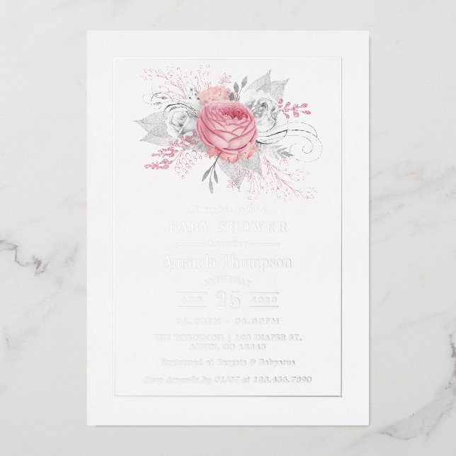 Rosa, Silberblume und weiße Blütendusche Folieneinladung (Vorderseite)