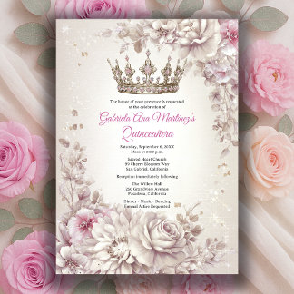 Rosa Silberkrone Floral Quinceañera Einladung